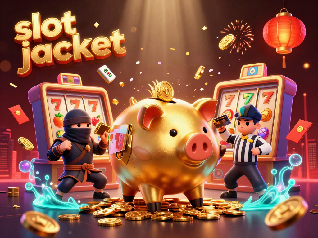 Slot jackpot yang menarik dengan karakter dan elemen kasino yang berwarna-warni.