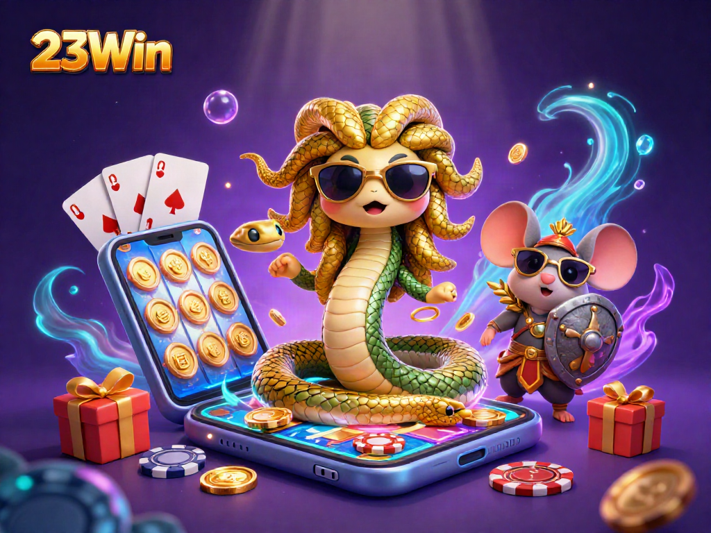 Engage with the thrilling 23Win casino experience as Medusa and a warrior mouse amidst dynamic gaming elements.