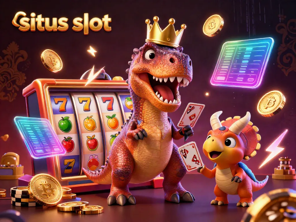 Temukan pengalaman bermain situs slot dengan T-Rex lucu yang bermain kartu dan tumpukan chip emas.