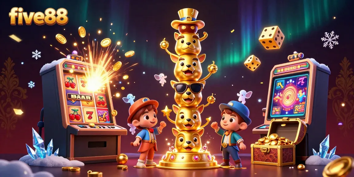 Win big with five88 in this vibrant 3D casino illustration bursting with colorful gaming elements.