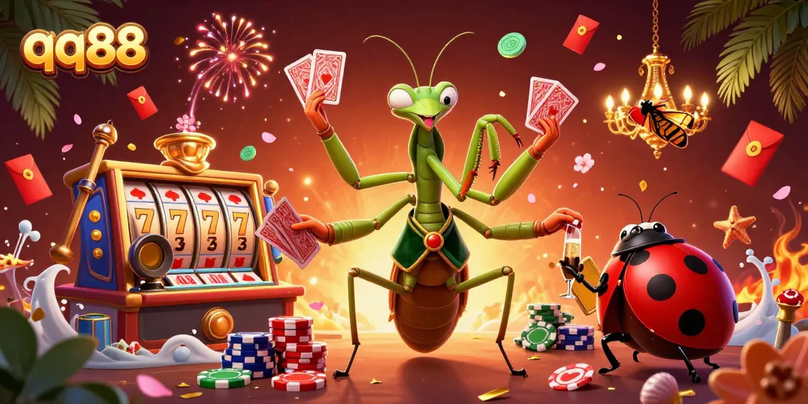 Engage with the dynamic action of qq88 as a giant mantis card sharp spins slot reels and deals cards.