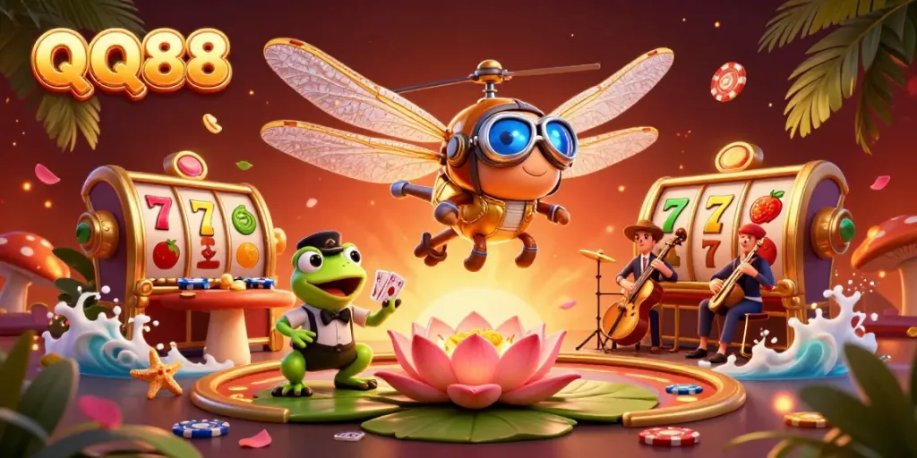 Experience thrilling wins at QQ88 with a vibrant 3D casino scene featuring engaging characters and action.