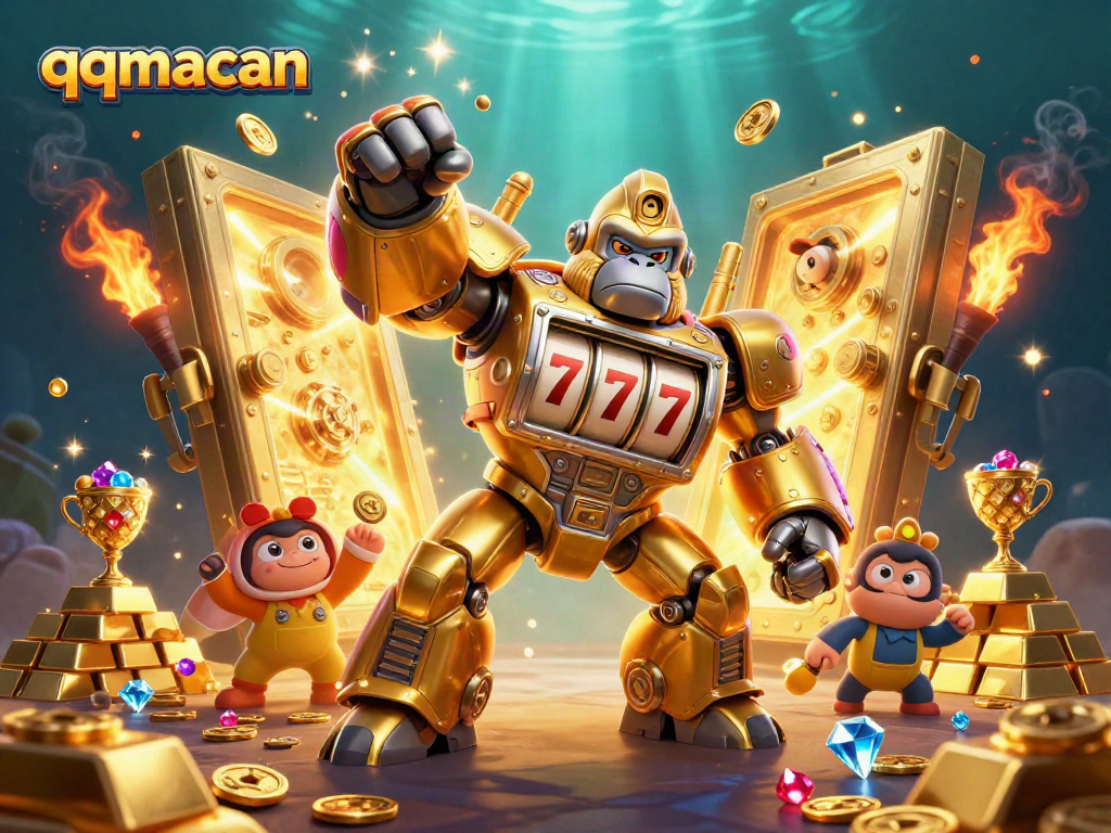 Experience thrilling gameplay with qqmacan's vibrant jackpot celebration featuring a golden gorilla mech!