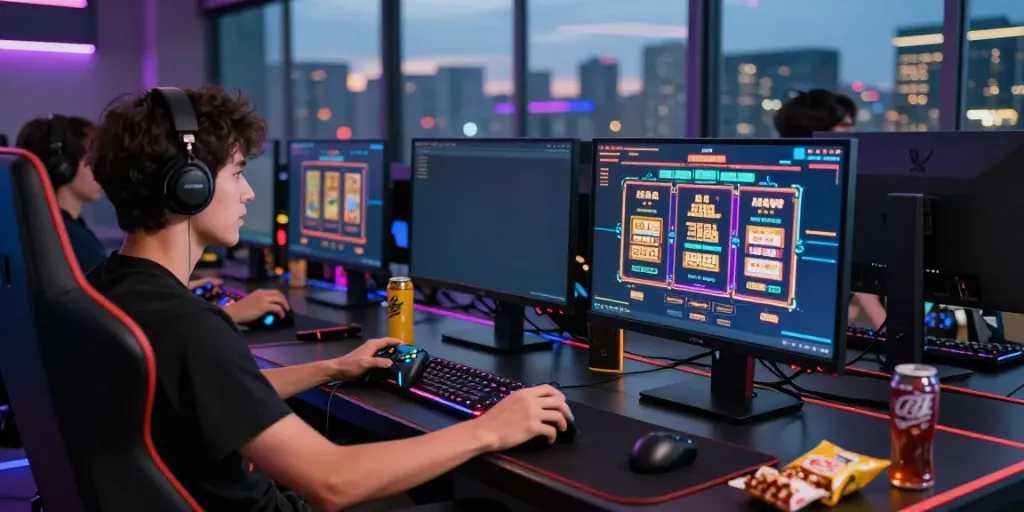 Situs gacor gaming setup with multiple screens and vibrant gaming peripherals.