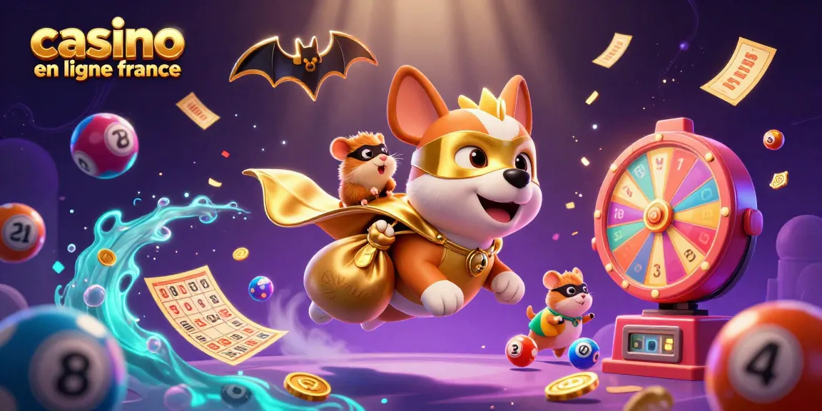 Des jeux de casino en ligne France illustrés par un chien super-héros et un hamster, entourés de boules de loto colorées.