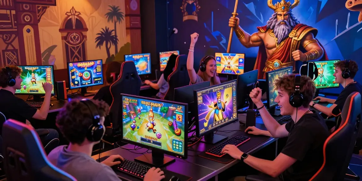 Exciting Slot Raja online gaming experience with joyful players immersed in Zeus-themed graphics.