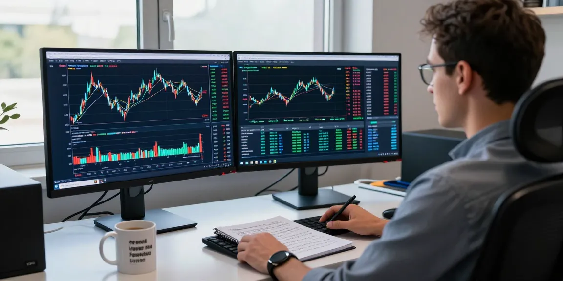 Trader using mt4 for forex analysis on dual monitors in a modern workspace