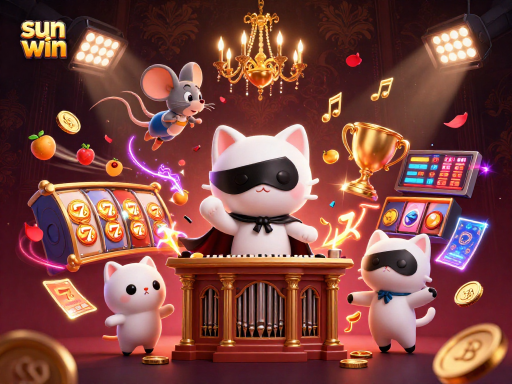 Experience the thrill at sun win, as colorful slot elements and characters create a vibrant casino atmosphere.