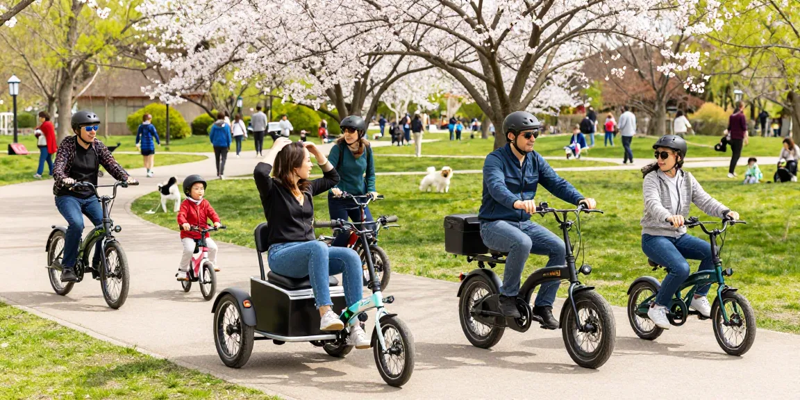 Group of adults enjoying the best electric tricycles in a sunny park, showcasing Scout Electric Tricycles.