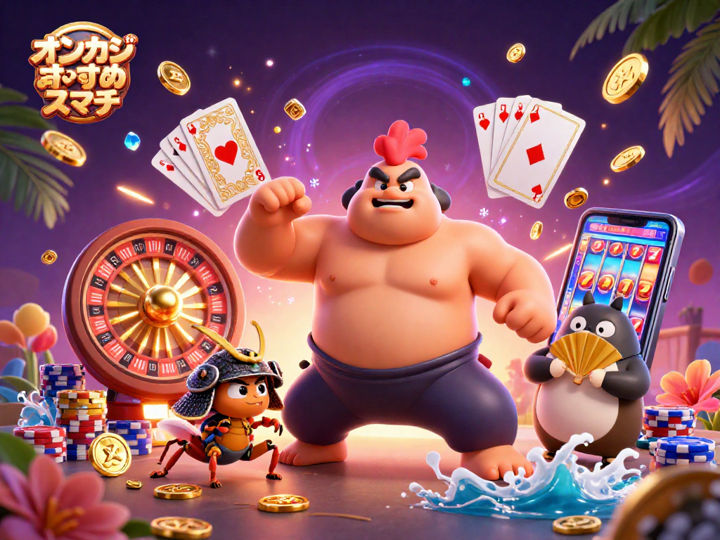 オンカジおすすめ スマホを体験するために、様々なゲーム要素に囲まれた力強いキャラクターたちの鮮やかなイラストです。