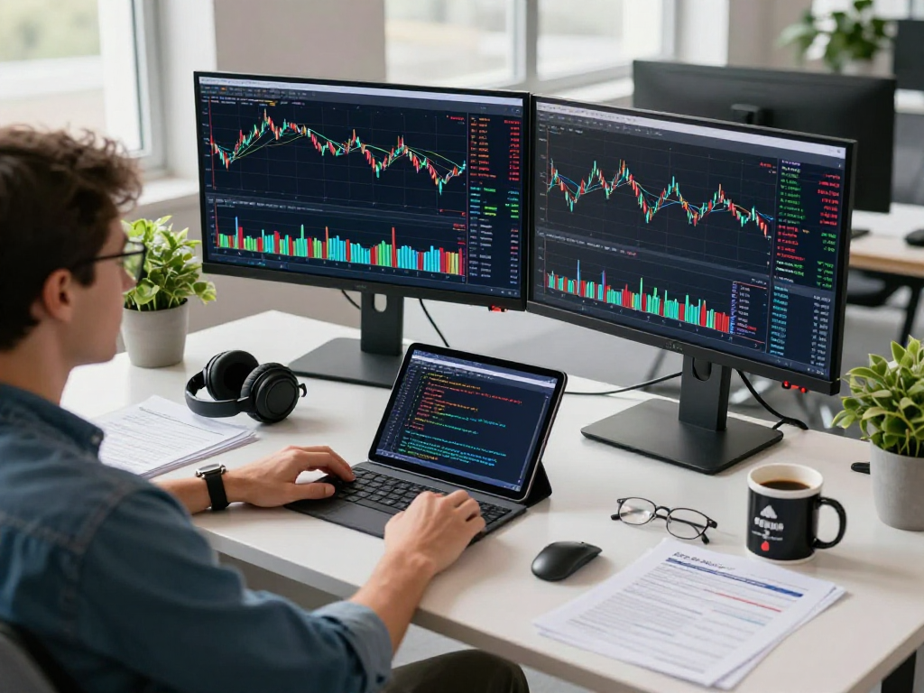 使用TradingView官网的交易者在现代办公桌上查看市场图表与技术指标
