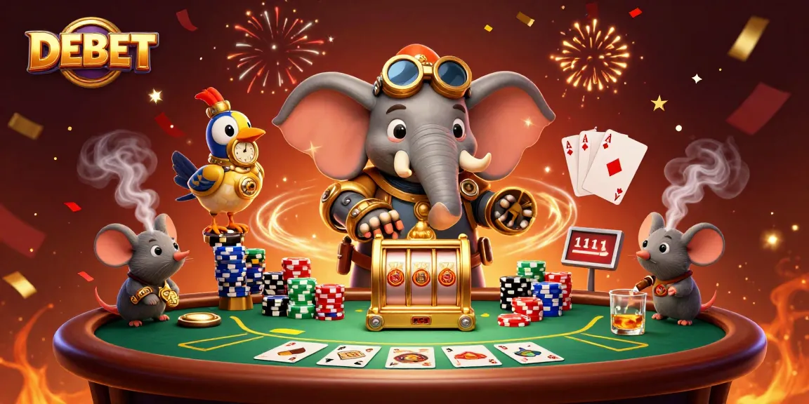 Engage with DEBET's vibrant casino scene featuring steampunk characters and dynamic poker gameplay.
