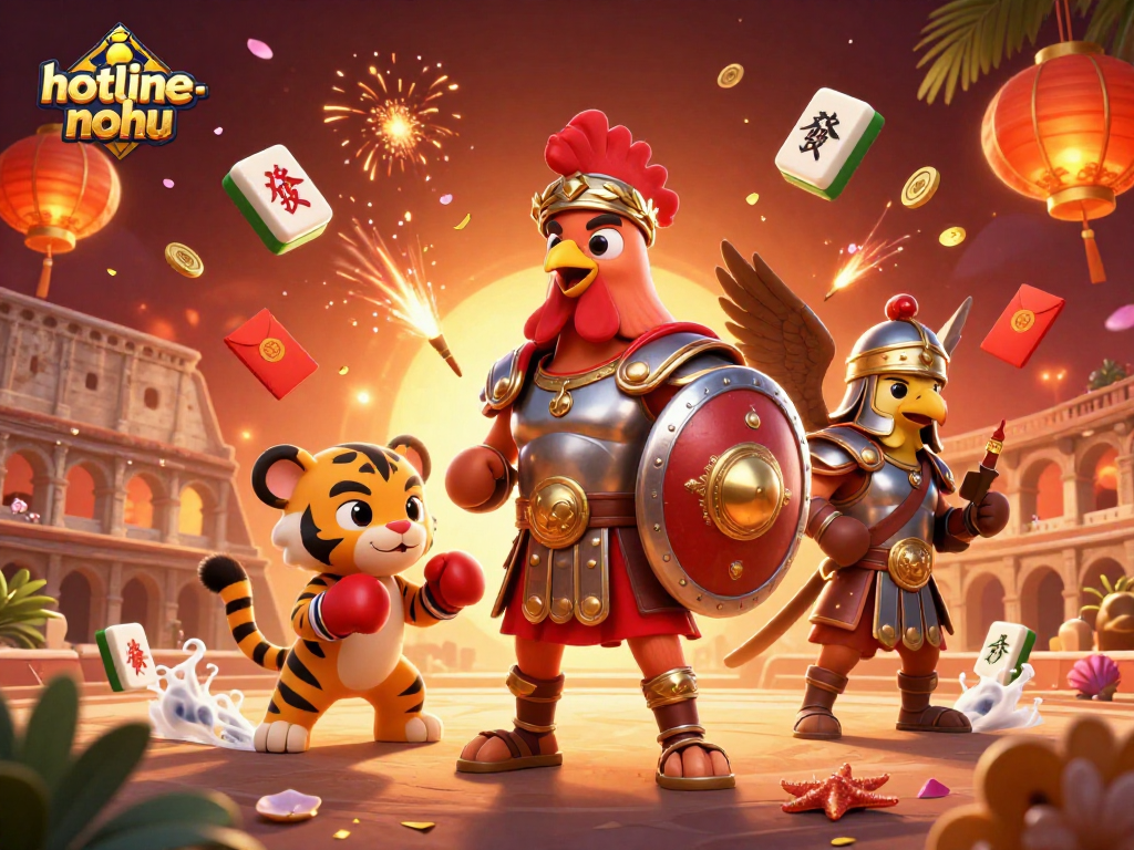 Experience the excitement of hotline-nohu with a 3D gladiator rooster and treasures in a vibrant casino scene.