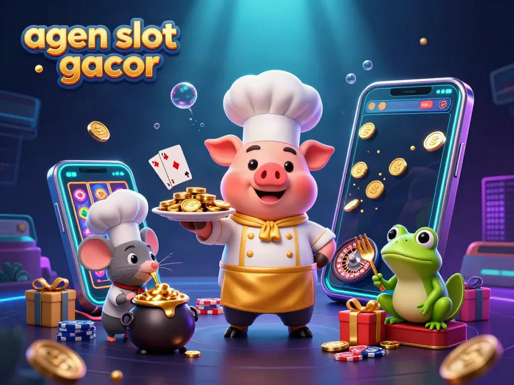 Engaging illustration of agen slot gacor with a chef pig and characters interacting amid colorful slot game elements.