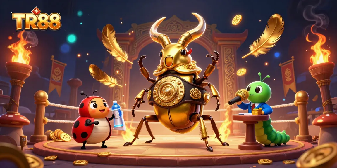 TR88 showcases a captivating showdown between a golden stag beetle wearing a championship belt, perfect for casino promotions.