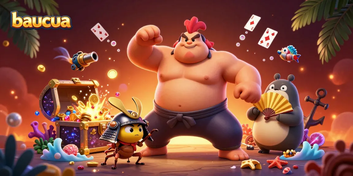 Baucua game shows 3D rooster and samurai cricket battling among gold coins and cards.