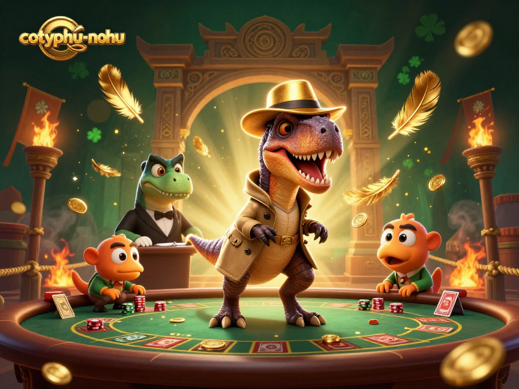 Cotyphu-nohu showcases a thrilling blackjack scene with a velociraptor card counter and a stegosaurus pit boss.