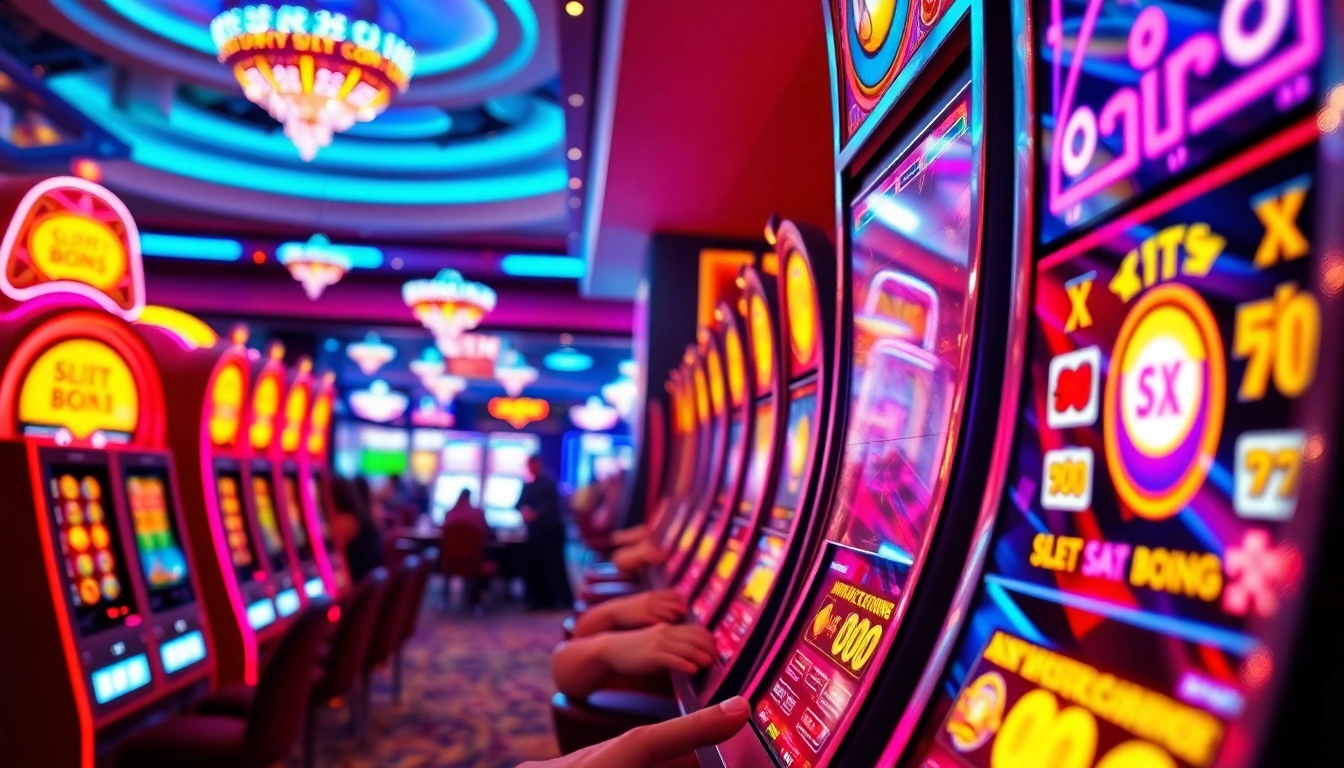 Engage in thrilling slot gambling at vibrant machines in an energetic casino setting.