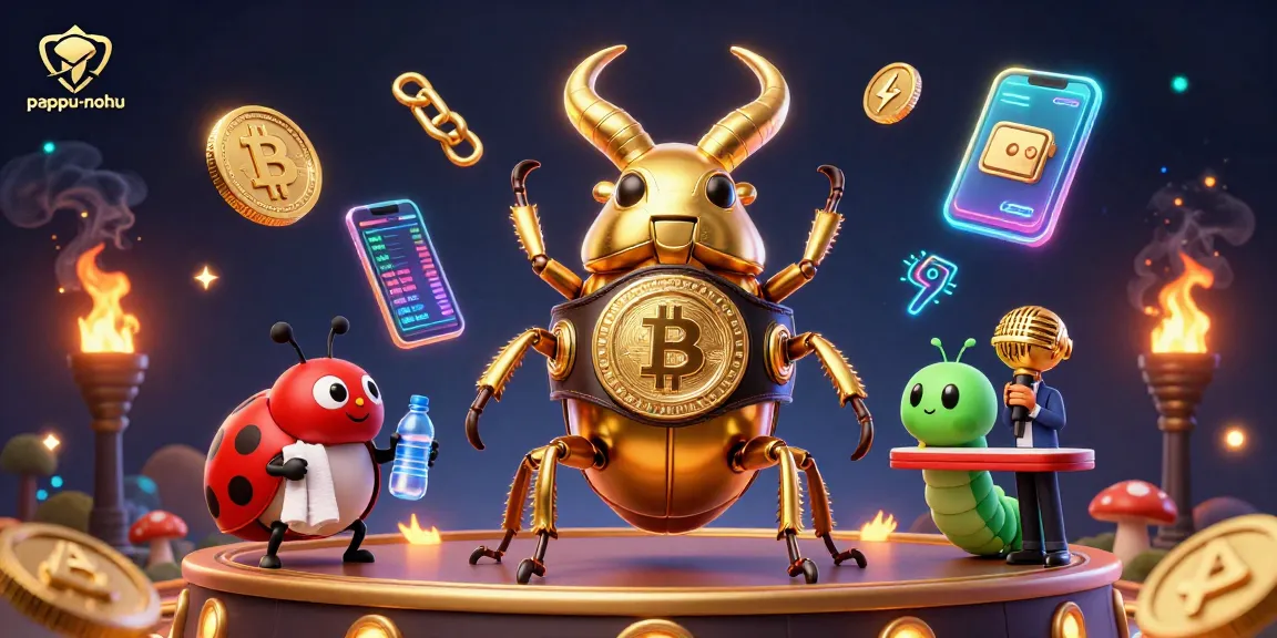 Pappu-nohu game illustration showing a golden stag beetle boxing champion with crypto elements.