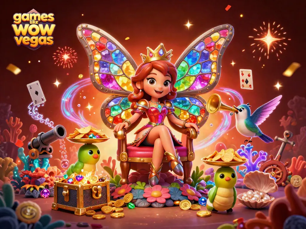 Discover games like wow vegas and enjoy dynamic casino features in this vibrant illustration.