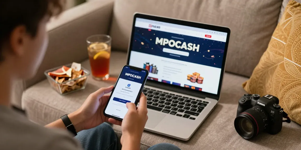 The user enjoying MPOCASH's features on their smartphone while relaxing at home, showcasing the anti-blocking login experience.