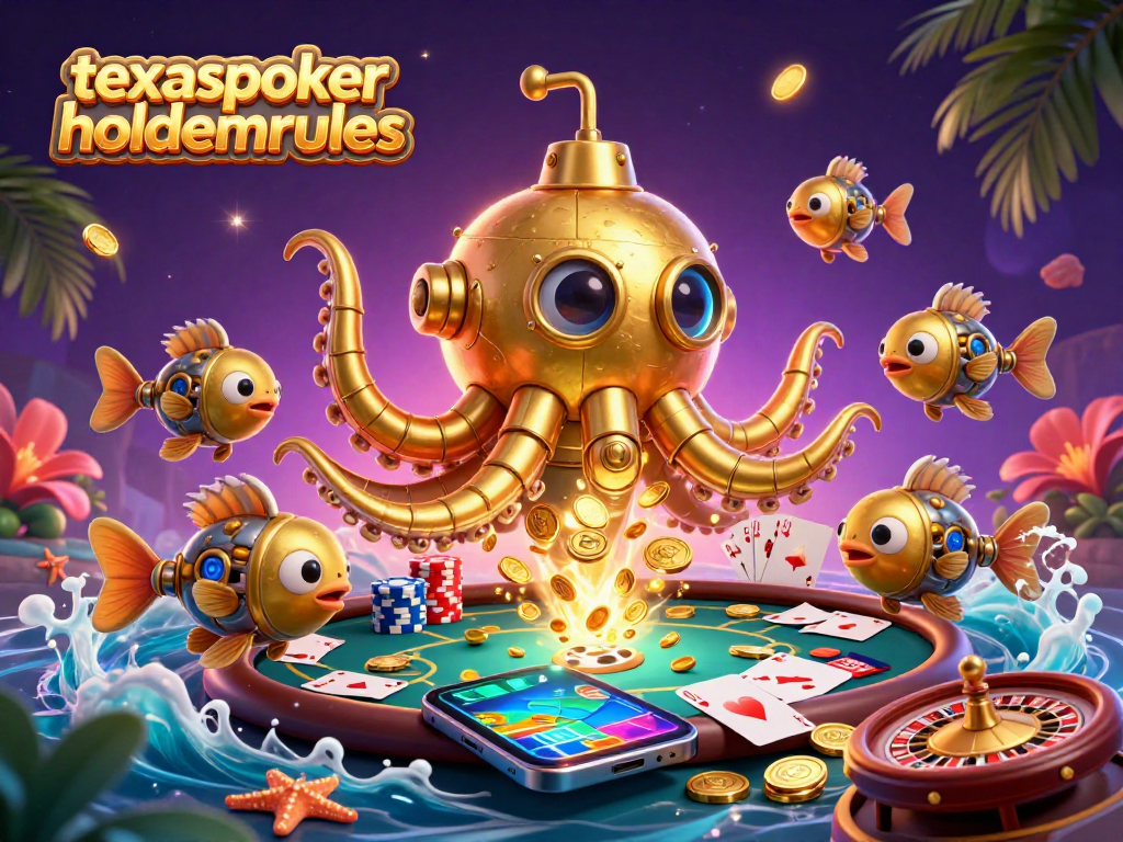 Experience the excitement of texas pokerholdemrules with a golden kraken submarine amidst a sea of coins.