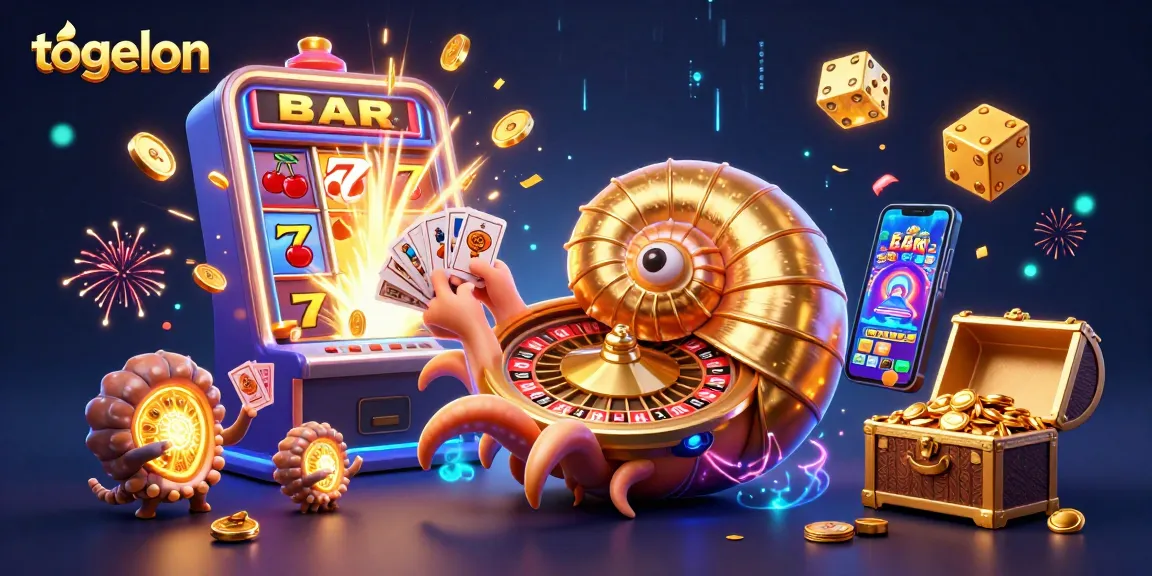 Experience the thrilling action of togelon with casino elements, featuring a giant nautilus and gold coins bursting from a slot machine.