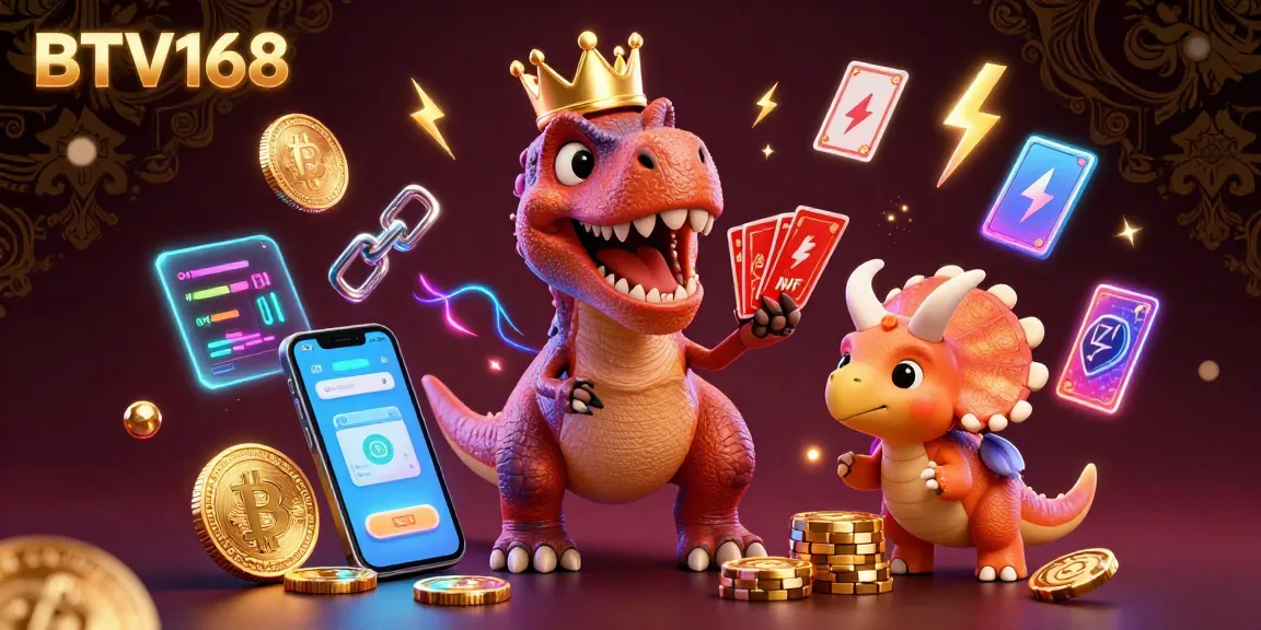 BTV168 brings vibrant casino fun as a friendly T-Rex and friends shuffle cards and stack chips in 3D.