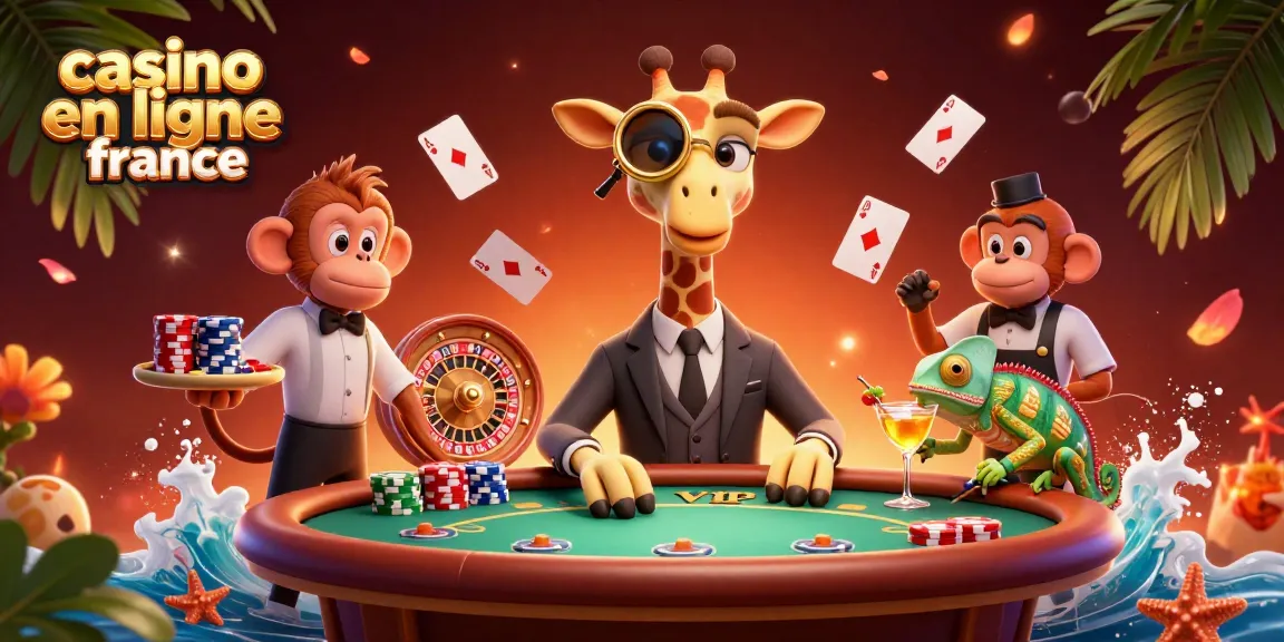 Visualisation dynamique d'une scène de casino en ligne France avec une girafe élégante, des cartes et des jetons.