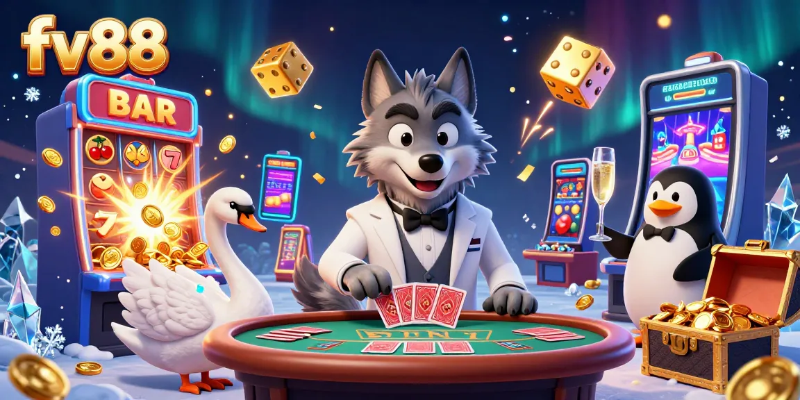 Experience the excitement of fv88 with cartoon characters at a baccarat table amidst a vibrant casino atmosphere.