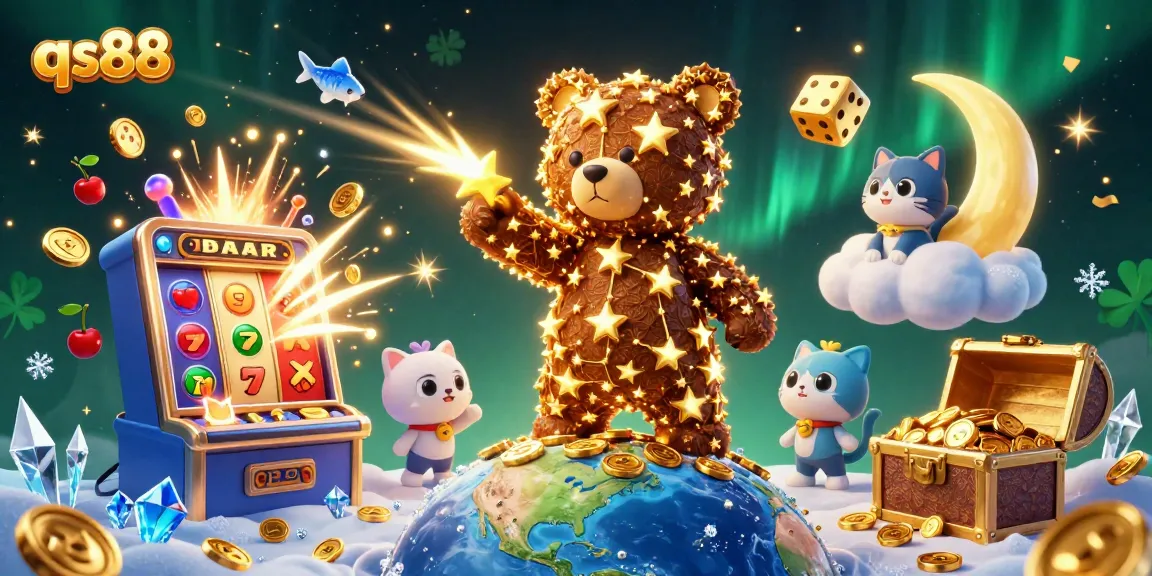 Experience qs88 excitement with a vibrant casino scene featuring golden stars and joyful characters