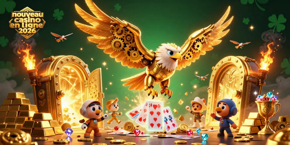 Plongée d'un aigle cybernétique dans le nouveau casino en ligne 2026, entouré de trésors brillants et de cartes holographiques.