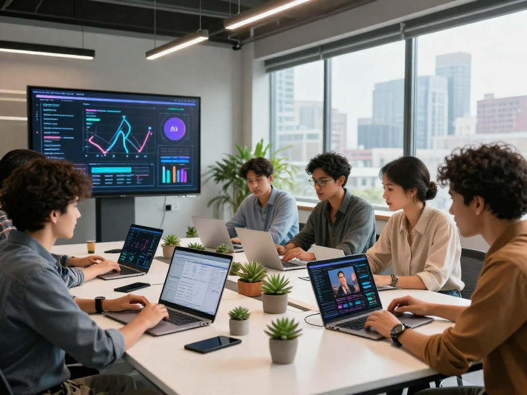 Collaborative workspace showcasing ai 18+ professionals using technology for adult content solutions.