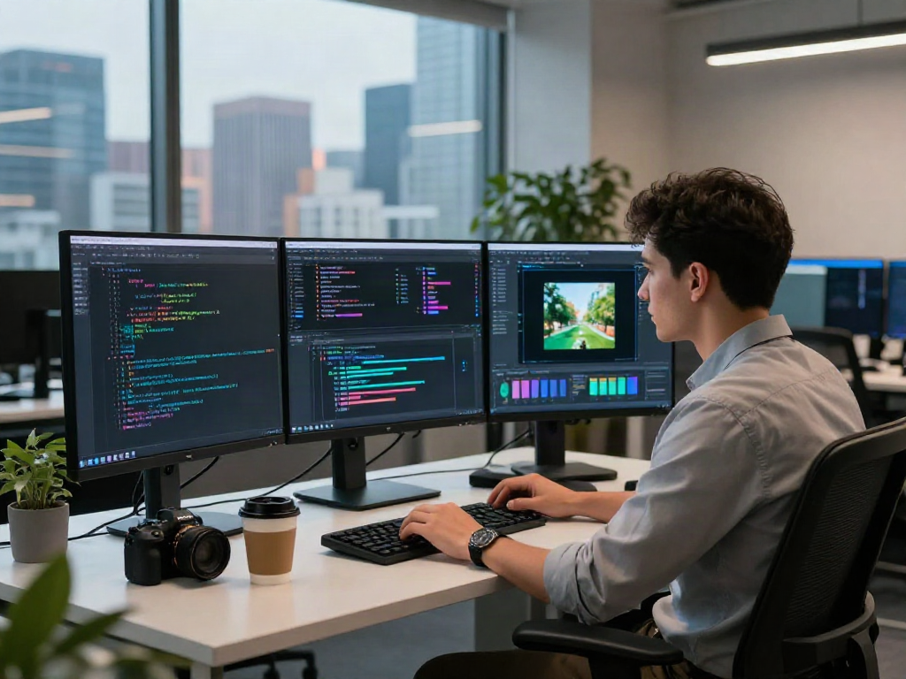 Dynamic tech workspace with AI Image Detector tools and software engineer at work.