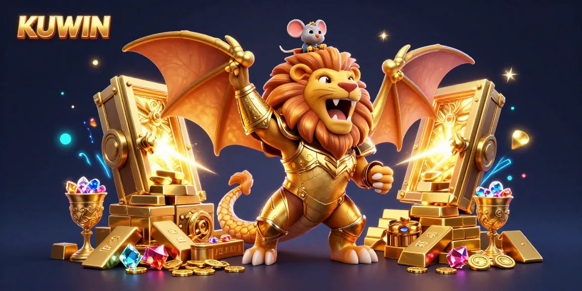 KUWIN showcases epic wins with a lion-headed chimera and treasure in a vibrant casino scene