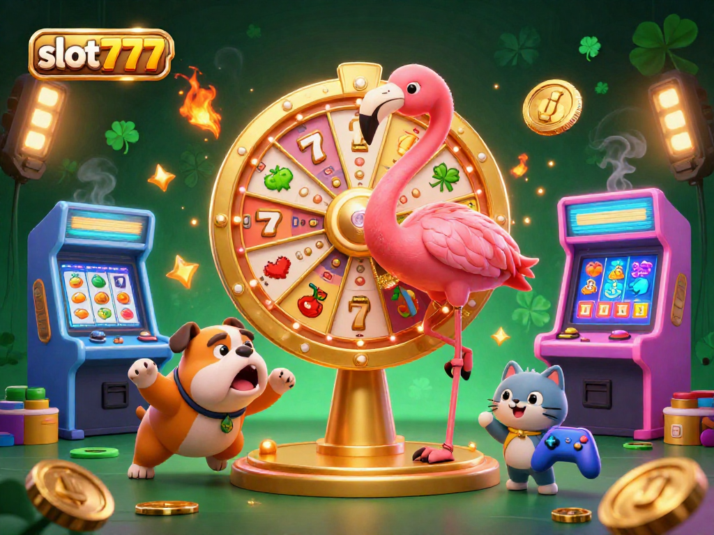 Spin the slot777 wheels for jackpots in a vibrant casino setting, illustrated 3D cartoon style.