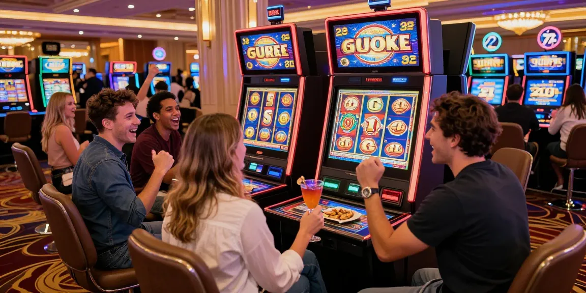 Group cheering by a slot gacor machine in a lively casino.