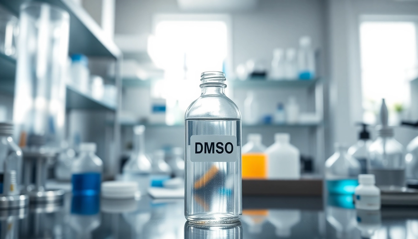 Order high-quality DMSO easily in a professional lab context with clear glass bottle in focus.