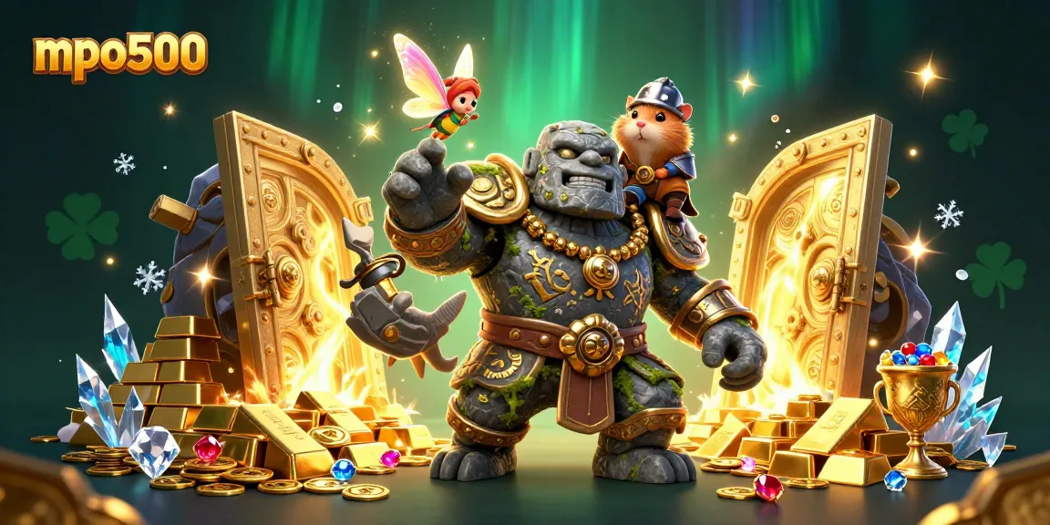 Experience mpo500's magical gambling adventure with enchanting golem guardian and treasure-filled scene.