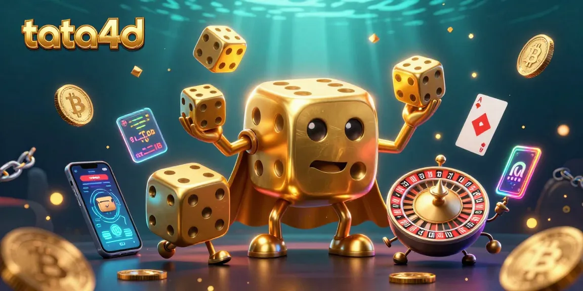 Engage with tata4d's thrilling gaming scene featuring a golden dice golem amidst vibrant crypto elements.