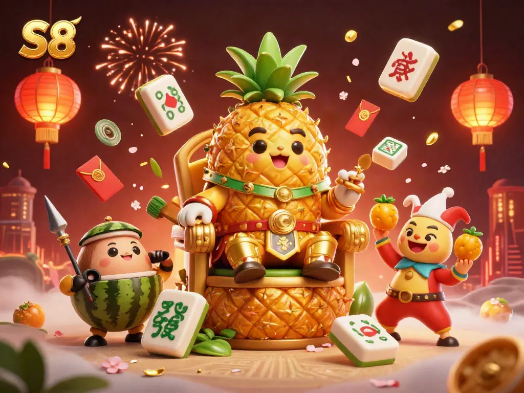 S8 casino scene showcasing a pineapple king and tropical characters amidst dynamic gambling elements.