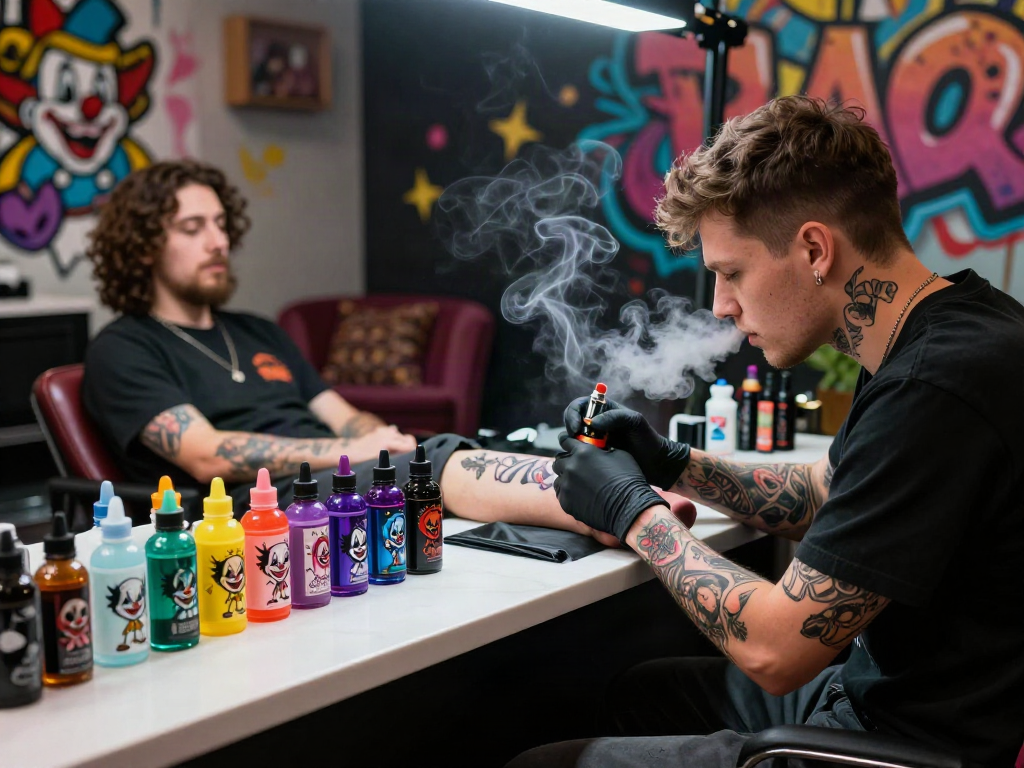 Bold clown e liquid bottles on display in tattoo parlor with colorful artistry.