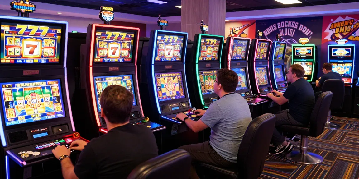 Engaging scene of players enjoying slot 777 at a vibrant online casino with neon lights and excitement.