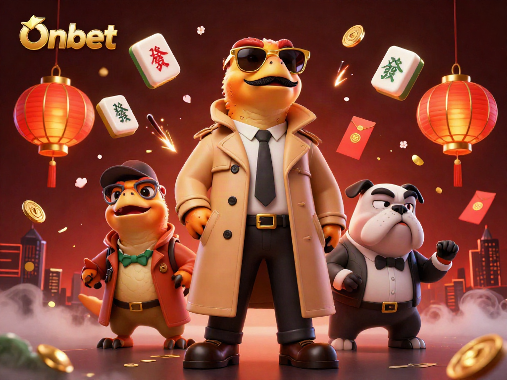 Onbet raptors humorously entering a casino with vibrant game elements around.