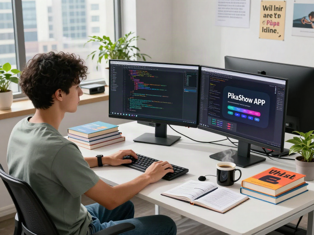 PikaShow APK download interface on multiple monitors in a vibrant tech workspace