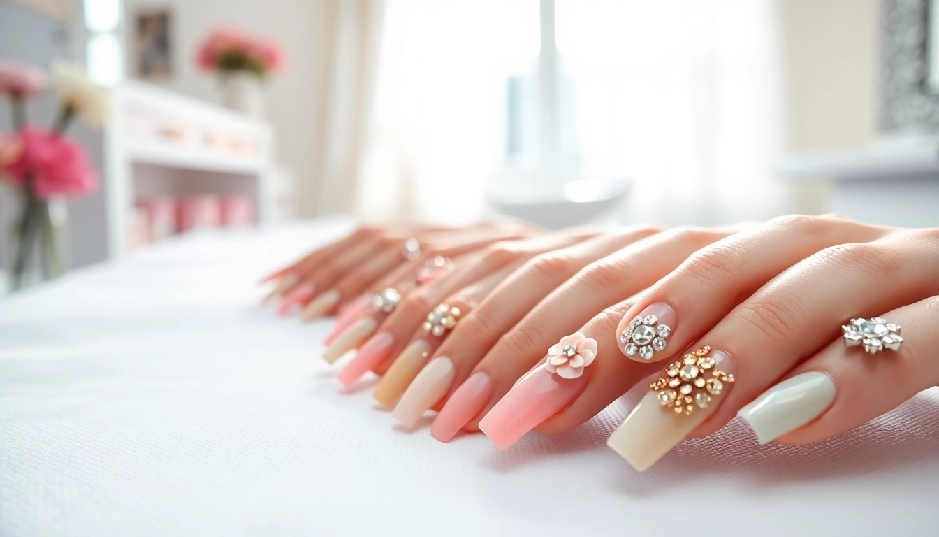 Artistic nail extensions beautifully arranged on a white table, showcasing vibrant designs.