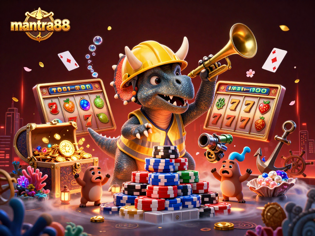 Play thrilling slots inspired by mantra88 with a cheerful triceratops and friends celebrating wins.