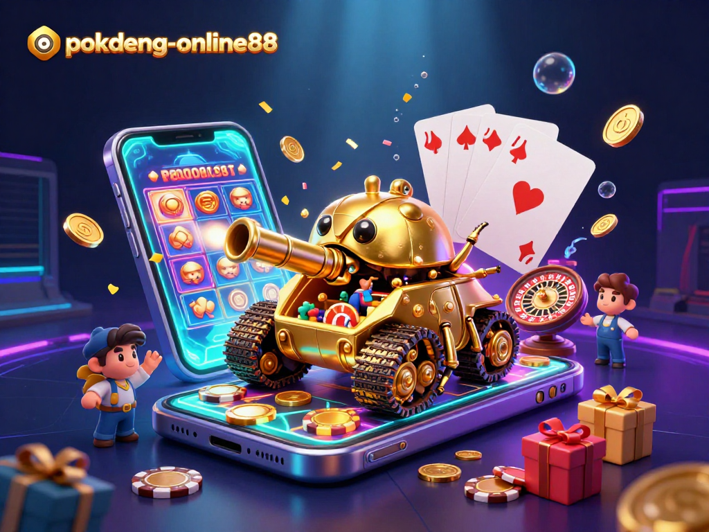 Experience thrilling gaming action with pokdeng-online88 as golden coins and casino elements surround dynamic characters.