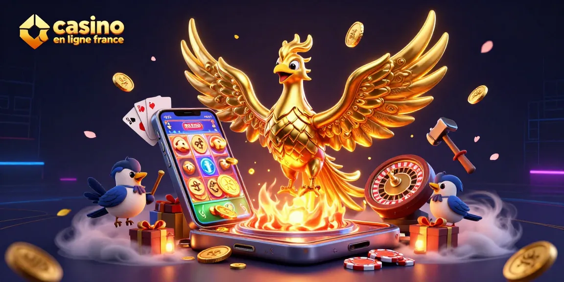 Jouez à casino en ligne France avec une illustration du phoenix, des jetons et un smartphone.