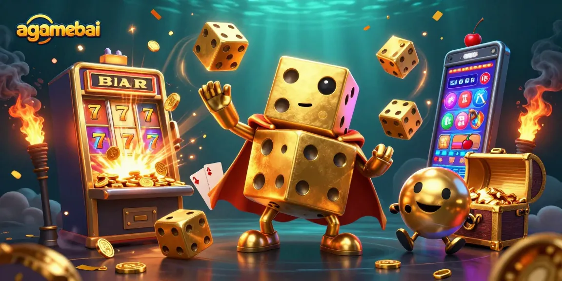 Win big at agamebai with a lively 3D casino scene featuring golden dice and slot machines.
